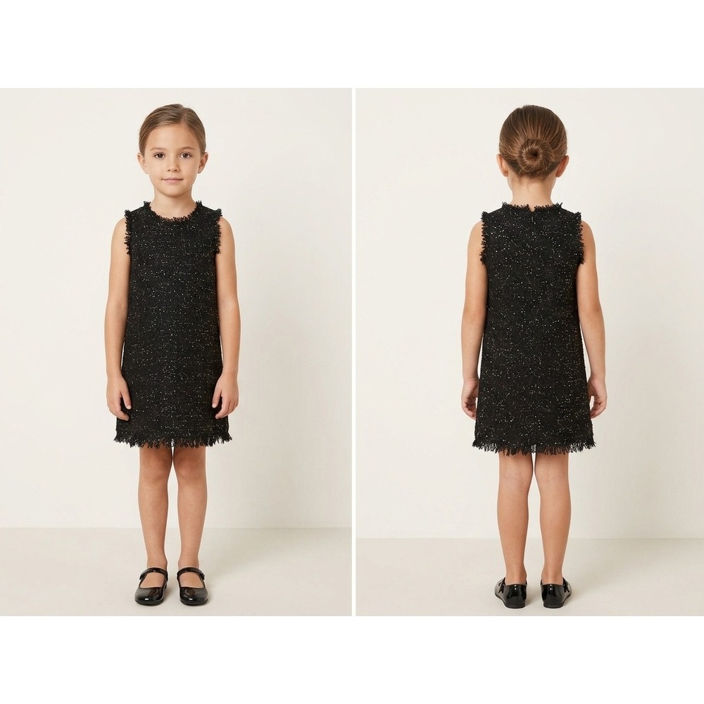 Zara Tweed Shift Dress Kids Size 7 Black Excellent Metallic Fringe Sleeveless